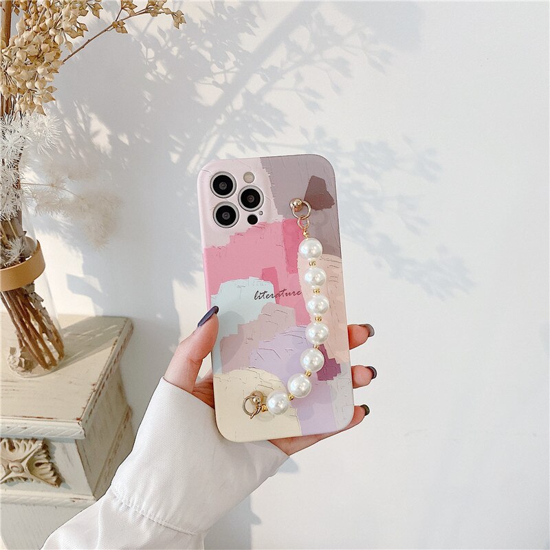 Pulsera con diamantes de imitación y perlas para iphone, funda protectora con grafiti geométrico para iphone 12 11 Pro Max X XR Xs max 7 8Plus SE2020