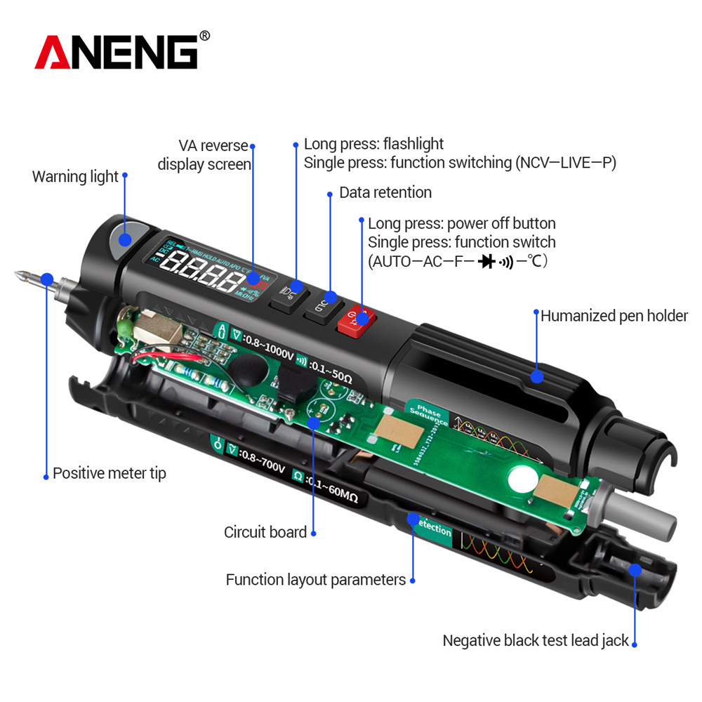 Aneng  a3008 digital multimeter automatisk intelligent sensor penntestare 6000 siffror beröringsfri spänningsmätare multimeter polimetro