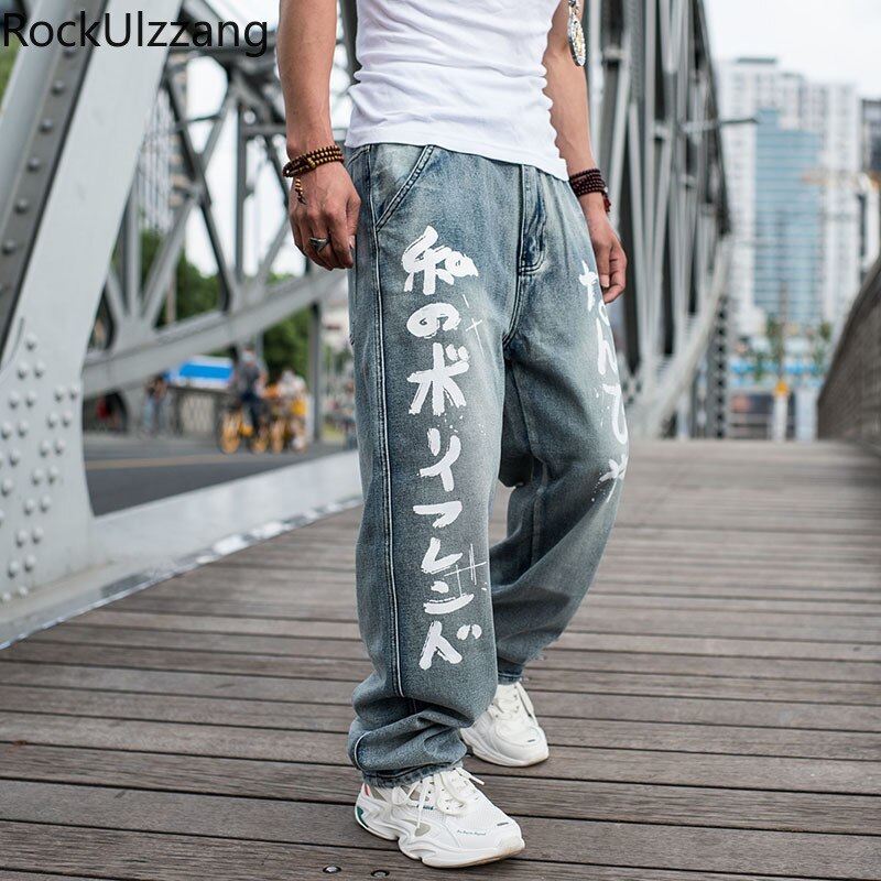 Japanese Men Hip Hop Clothing Plus Size Streetwear Denim Pant Jeans Letter Graffiti Print Baggy Loose Straight Clothing