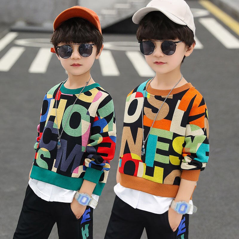 Spring Autumn Boys Clothing Set Casual Hip-hop Letter Colorful Long Sleeve T-Shirt + Pants 2Pcs Suit Performance Kids Clothes