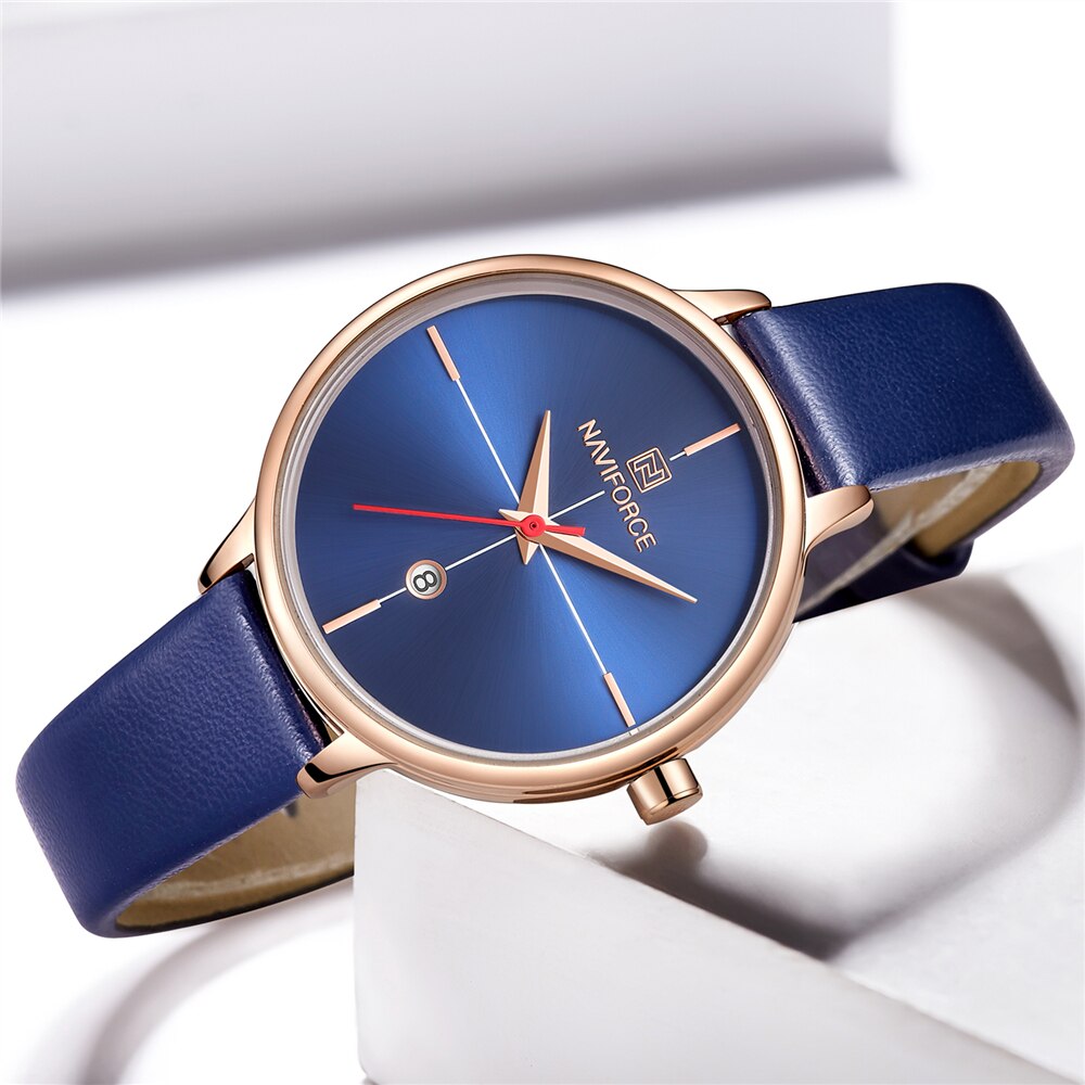 NAVIFORCE Vrouwen Horloge Mode Quartz Lady Blue PU Horlogeband Datum Casual 3ATM Waterdicht Horloge voor Meisje Vrouw Vrouw