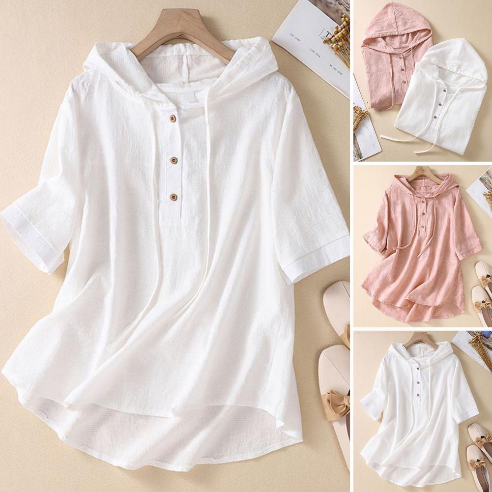 Dames T-Shirt Vintage Halve Mouw Capuchon Dames Geborduurde Loszittende Blouse Met Trekkoord Dun