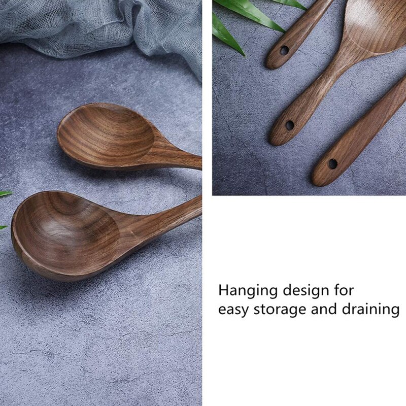 7 Pcs Wooden Kitchen Cooking Utensil Set,Wooden Soup Ladle,Black Walnut Wooden Spoons Spatula for Cooking,Mixing Spoon