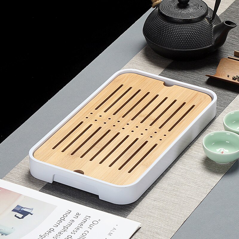 Bamboo Tea Trays-Chinese Tea Serving Kung-Fu Tea Tray Set-Melamine+Bamboo Tea tabl Tray- Drainage Water Storage Tea Set Tools