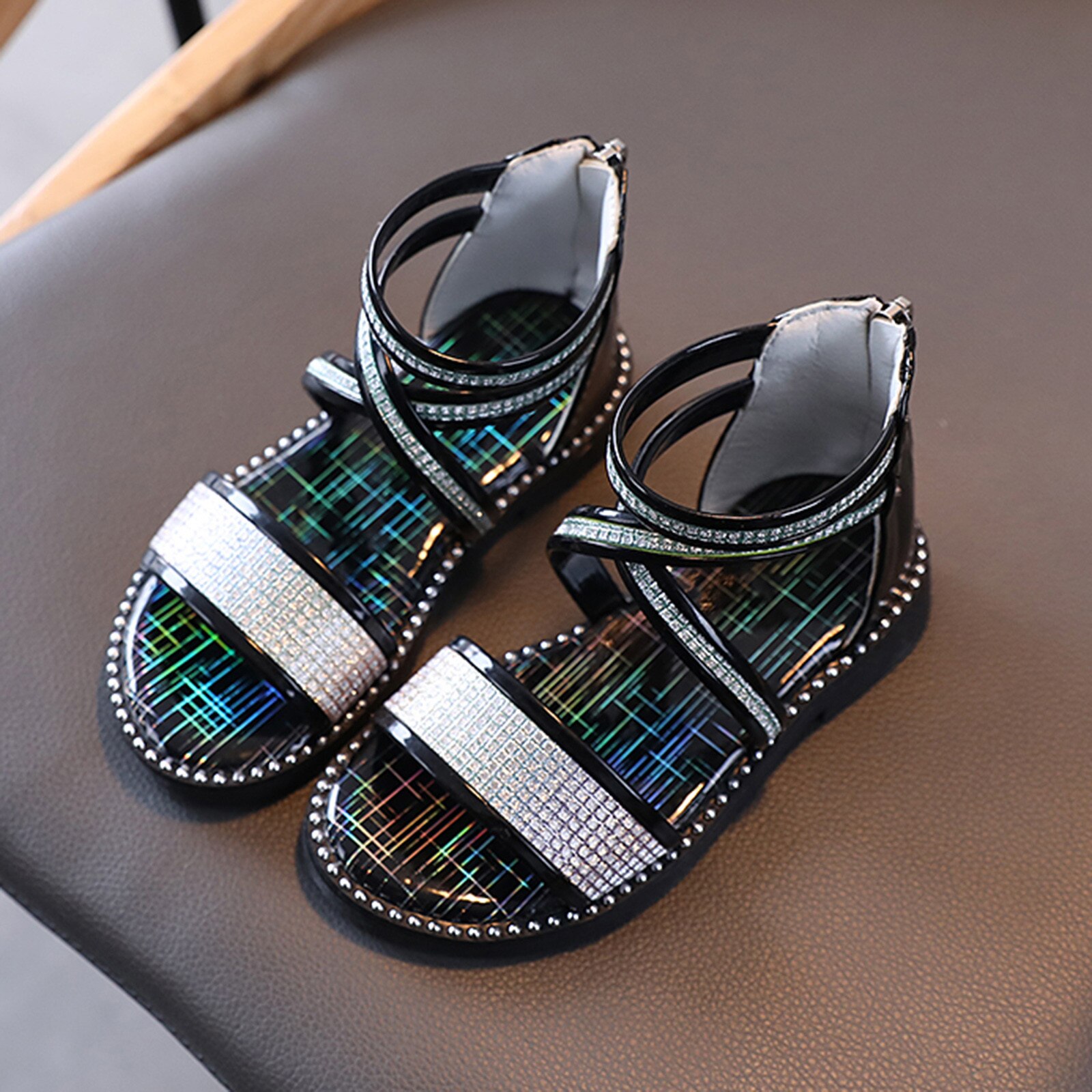 Sandales respirantes pour enfants, pantoufles plates de princesse scintillantes, chaussures à semelles souples pour tout-petits