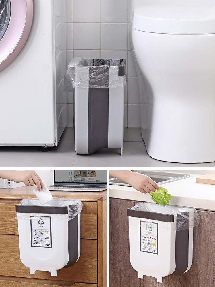 Wall Mounted Folding Waste Bin 9L Bathroom Kitchen Cabinet Door Hanging Trash Can Plastic Toilet Garbage Storage Trashcan