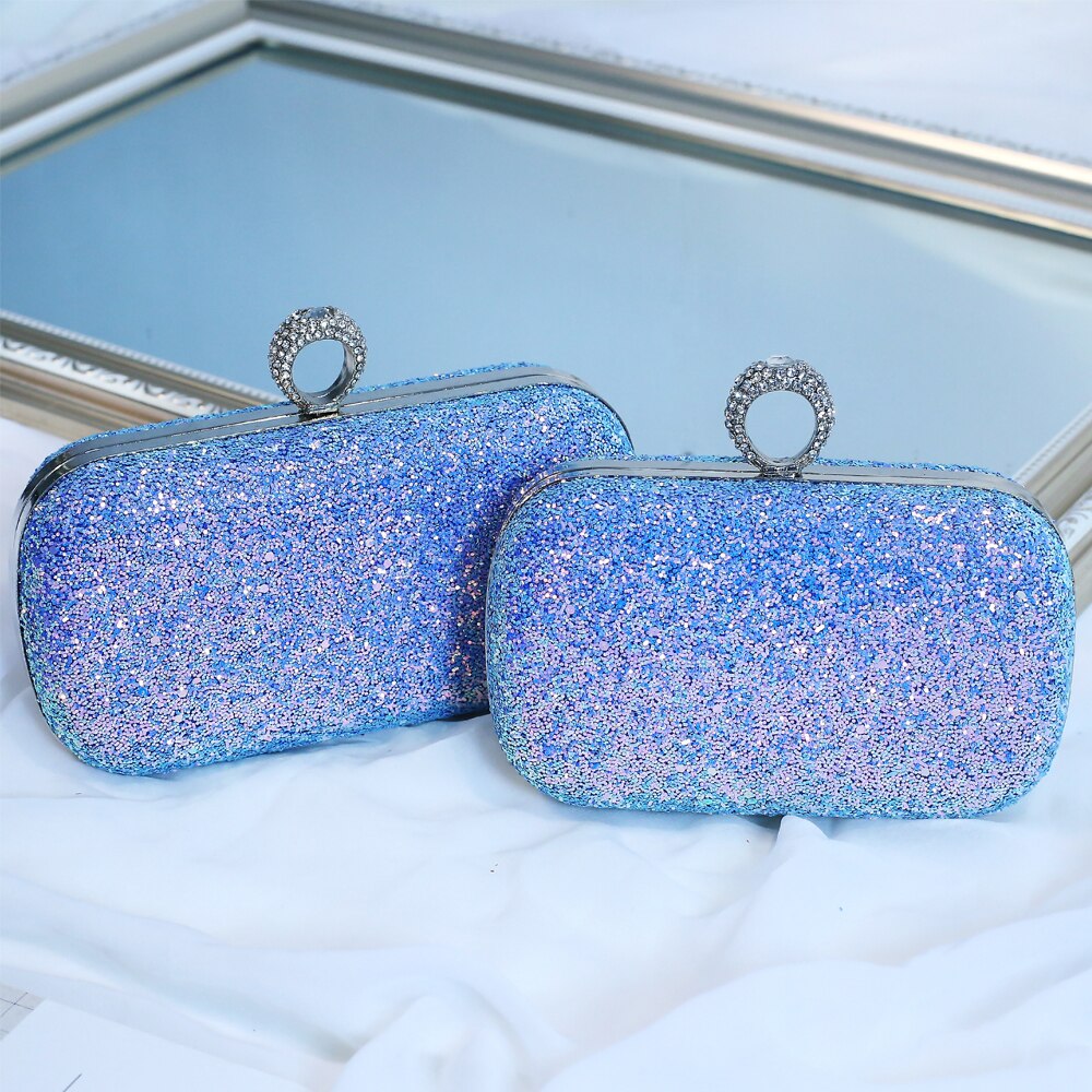 Women Glitter Evening Clutch Bag Ladies Wedding Party Shiny Handbag Prom Purse Chain: Blue