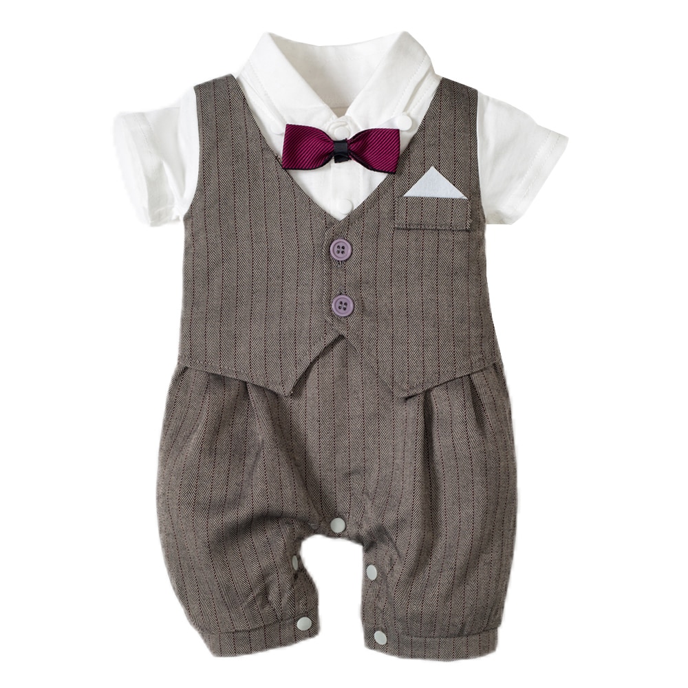 niemowlę romper ubrania dla chłopca z muszką ubrania dla dżentelmenów z krótkim rękawem niemowlę chłopiec urodziny kamizelka w paski kostium
