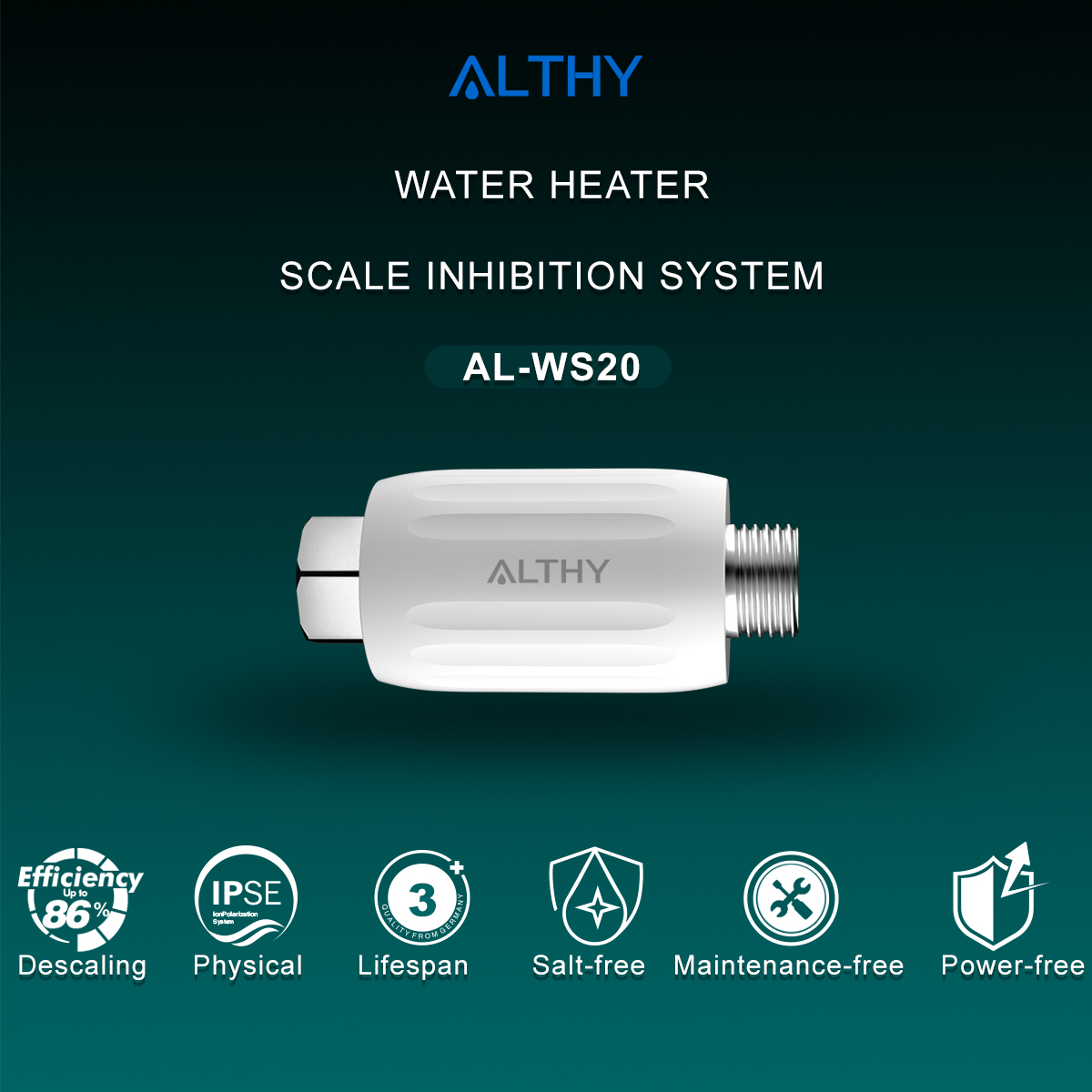ALTHY IPSE Terminal de inhibición de escala, sistema suavizante de agua, descalcificador, antiscala y agua dura para calentador de agua, filtro de ducha