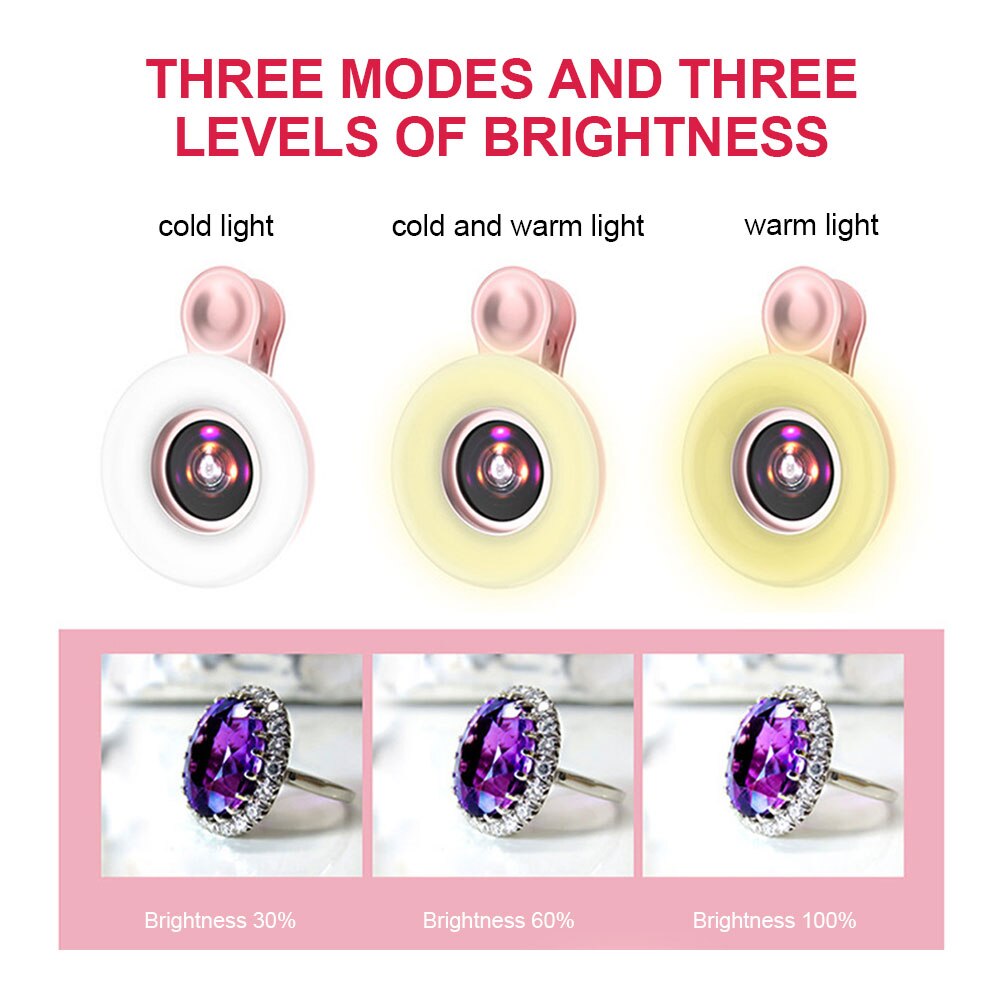 3 IN 1 15X Macro Lens Mobile Phone Fill Light Rechargable Portable Selfie LED Ring Flash Light Phone Selfie Lamp Ring Clip Light