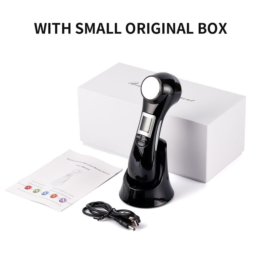6 in 1 Mesoporation Electroporation LED Photon Therapy Beauty Device Radio Frequency Face Lifting Facial Skin Tighten Massager: Black with Box