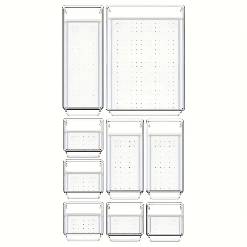 10-delige veelzijdige lade-organizerset - doorzichtige plastic dienbladen en verdelers in 4 maten voor perfecte make-up en keukenopslag