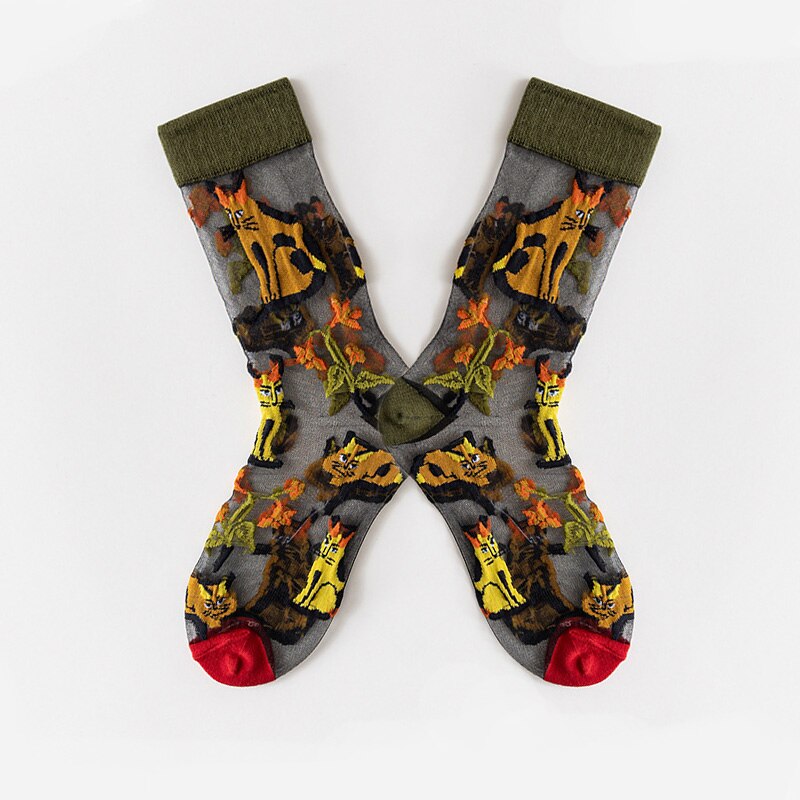 Japanese Korea Style Casual Transparent Crystal Silk Trend Women Socks Cartoon Fruit Ultrathin Glass Silk Socks Meias: Army Green