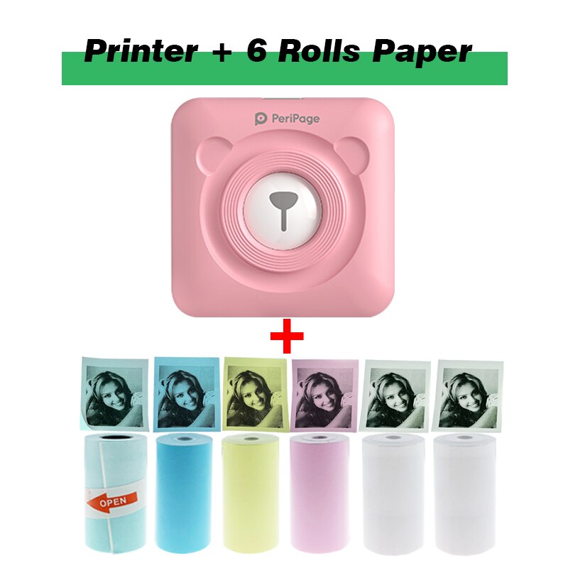 Peripage Portable Pocket Mini Photo Thermal Printer Wireless Sticker Printing Machine Free APP Support Multi-Language For Phone: Pink 6 rolls paper