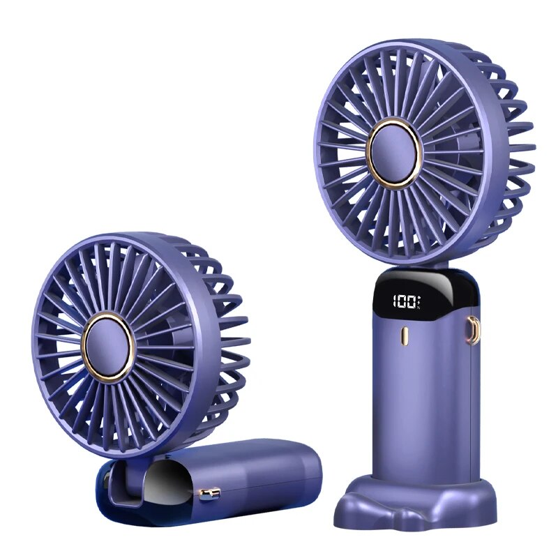 Mini ventilador portátil dobrável usb para pendurar no pescoço, ventilador recarregável de 5 velocidades com suporte para telefone e tela de exibição: Preto
