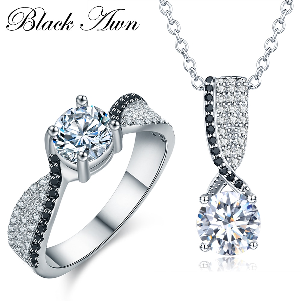 [BLACK AWN] 925 Sterling Silver Fine Jewelry Sets Trendy Engagement Sets Ring+Necklace for Women PR013