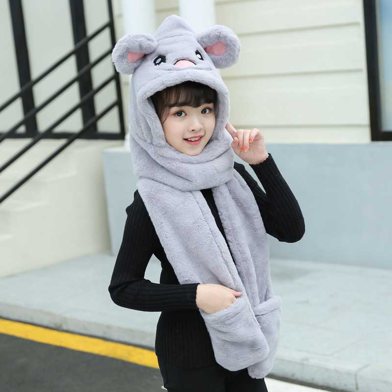 3 en 1 de oso bufanda suave con guantes de sombrero para niñas otoño invierno rosa gris Beige cálido gorro niñas bufandas