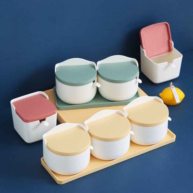 1 Set Plastic Sugar Bowl with Spoon Kitchen Salt Container Salt And Pepper Spice Bottle