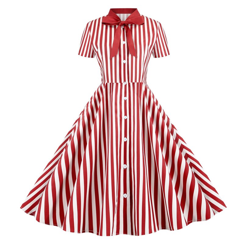 Tonval slips hals stribet vintage kvinder sommer skjorte kjole enkeltradet rockabilly casual swing kjoler: Bordeaux striber / Xl