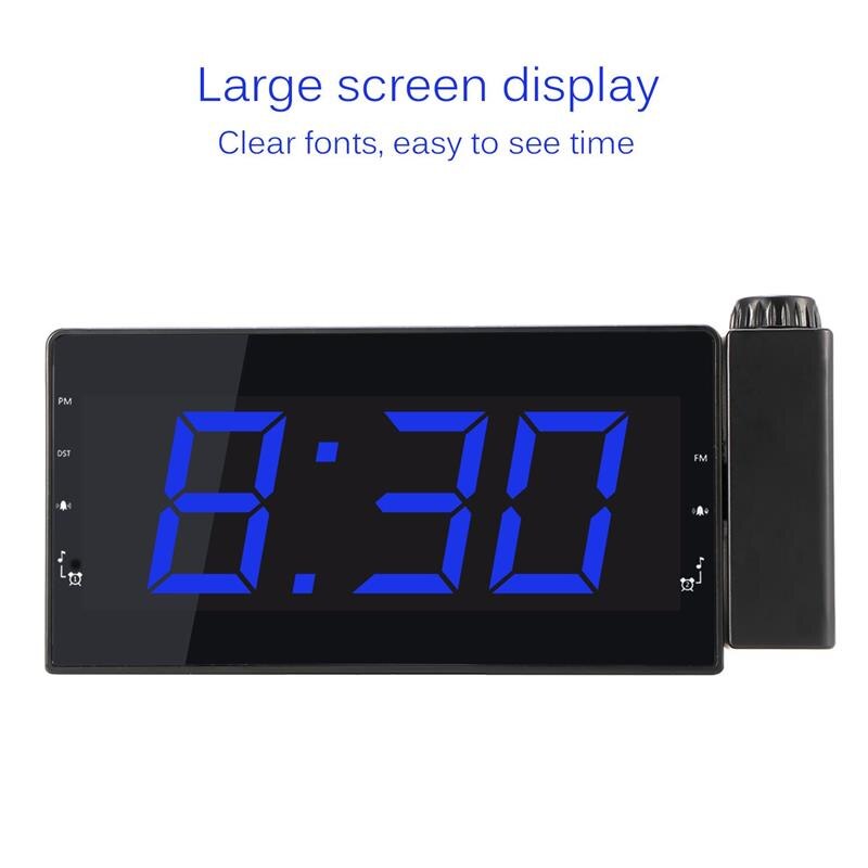 180 Degree Table Wall Digital Projector Radio Alarm Clock Snooze Timer Temperature LED Display USB Charging Cable FM Radio Clock: Blue