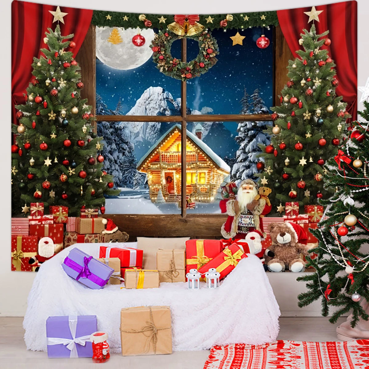 1 tapiz de Navidad árbol paisaje nevado ventana tapiz evento fotografía fondo tela dormitorio sala de estar 180X320CM