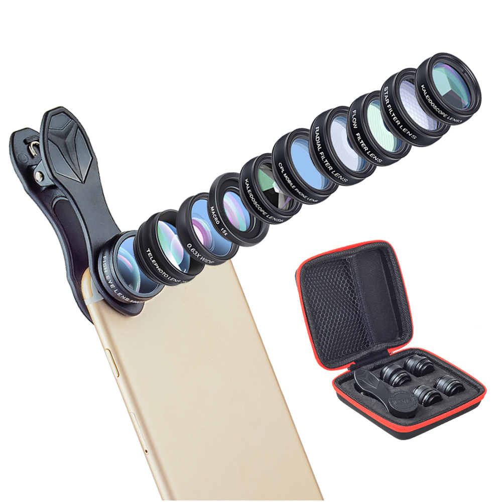 10in1 Phone Camera Lens Kit Fisheye Wide Angle Telescope Macro Mobile Lenses For iPhone Samsung Redmi 7 Huawei Cell Phone