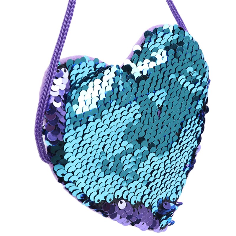 Nova moda bolsa de moedas bonito lantejoulas amor coração crianças bolsa ombro meninas mini saco do mensageiro pequeno para crianças bolsas zíper: blue purple