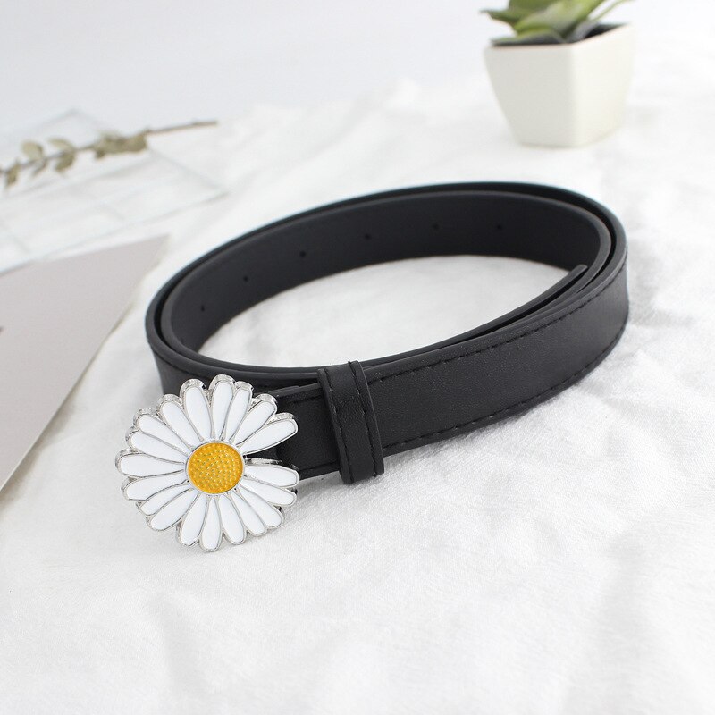 Lille daisy pu fint bælte kvinder linning koreansk stil studerende blomsterspænde personlighed glat spænde imiteret læder: Sort