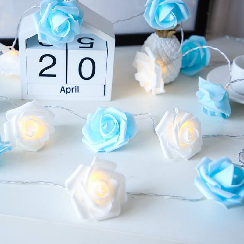 Lysstreng 2m 20 led 65mm store roser blomsterlys flere farger jule valentinsdag bryllup dekorasjon lys: Hvit og blå