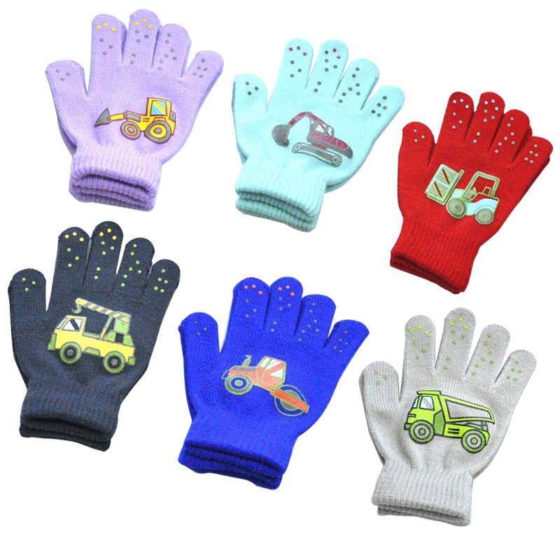 Warmom 6-12Y Children Winter Cold And Warm Outdoor Sports Knitted Gloves Small Engineering Vehicle Pattern Printing Gloves