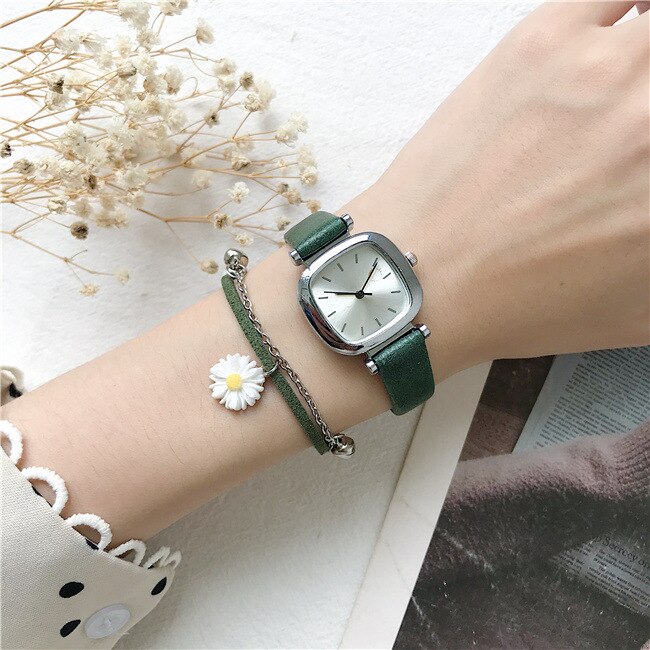 Relojes cuadrados Retro para mujer, reloj de cuarzo a la , relojes de pulsera de cuero Vintage, reloj pequeño Simple para mujer: Verde