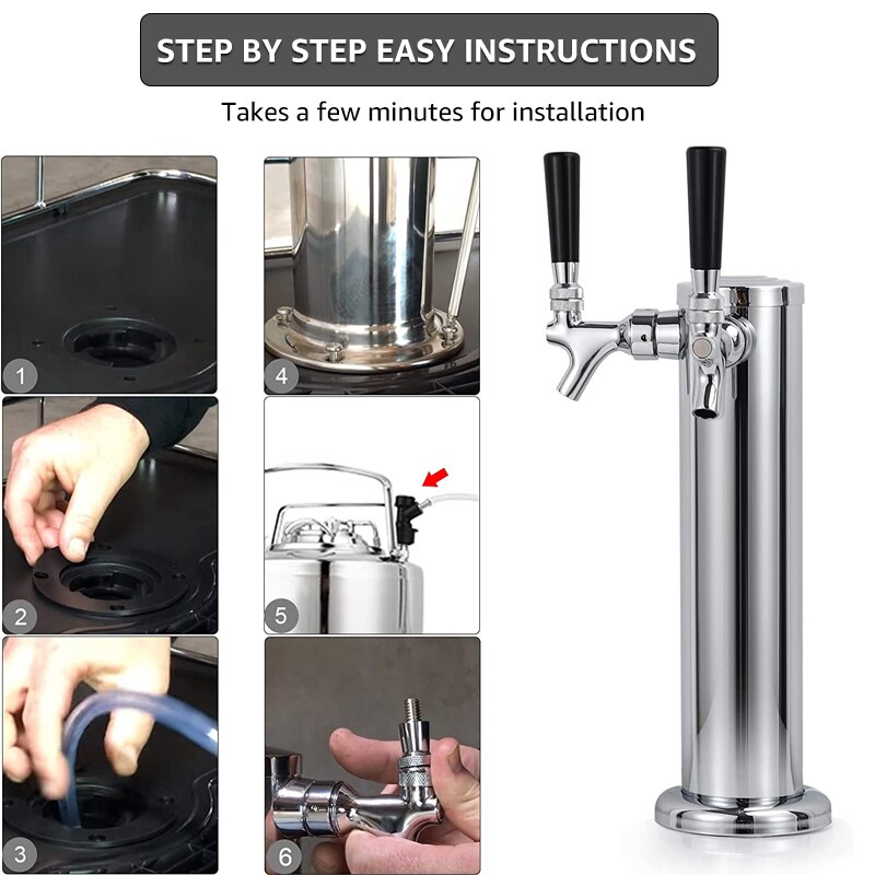 Torre de cerveza de barril de doble grifo, columna de cerveza pulida de 3 &quot;de diámetro, Kit dispensador de cerveza casera con herramientas de llave de tubo premontadas