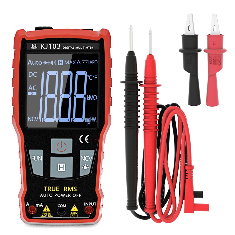 Digital Multimeter 2000 Counts AC/DC Voltage True RMS Measuring Meter With Flashlight Probe Test Leads Crocodile Clip