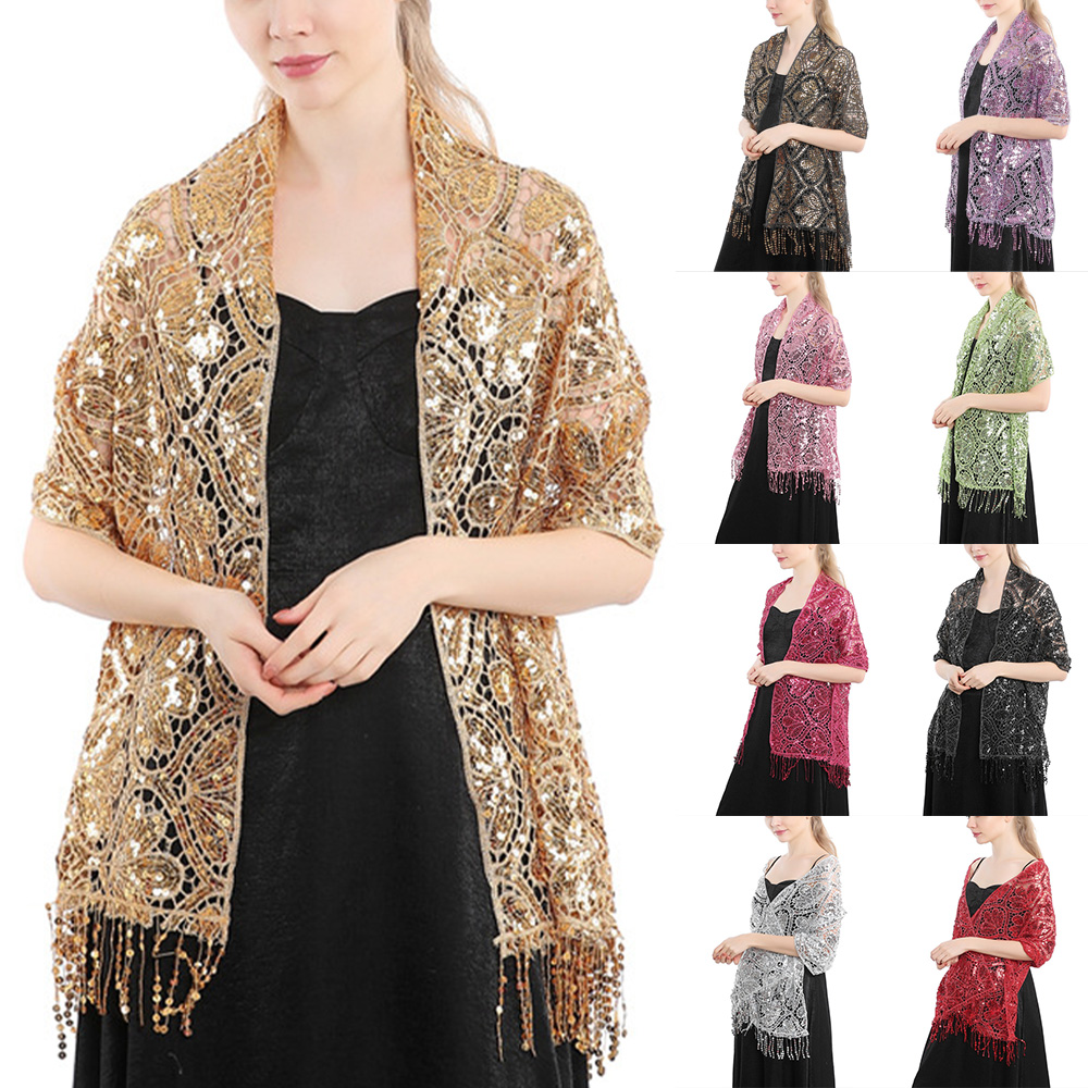 Scialle di pizzo con paillettes vuote da sposa da donna di lusso avvolgere il partito femminile lucido luccichio stola sciarpa da ballo con nappa