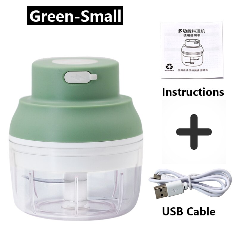 Groen/Wit Mini Keukenmachine Usb Opladen Krachtige Motor Gember Stamper Chili Vleesmolen Keuken Voedsel Mixer Gereedschappen 100/250Ml: Green Small