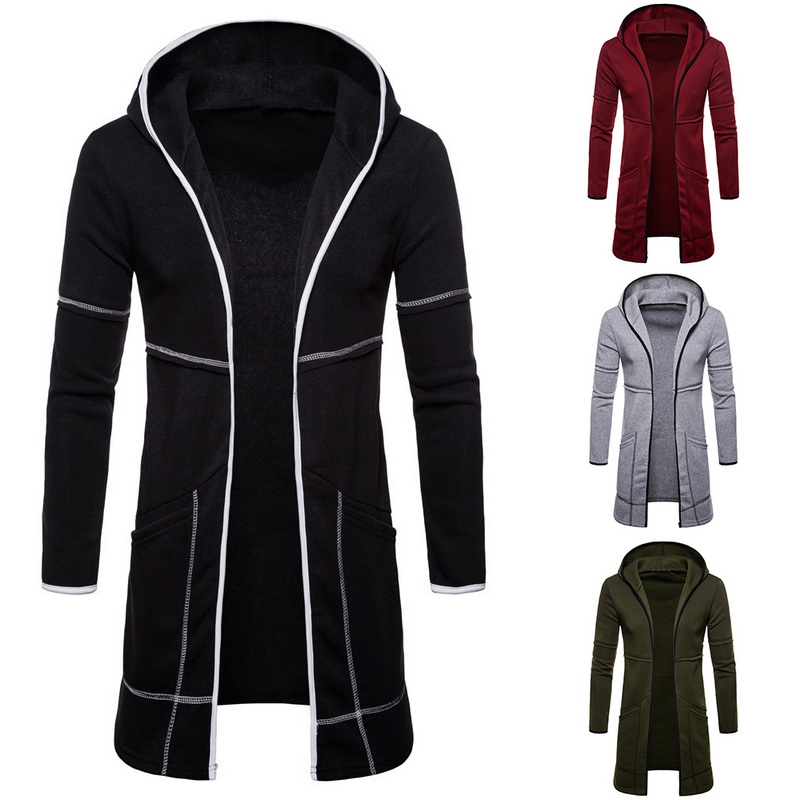 Abrigo cálido con capucha para hombre, gabardina lisa de manga larga hasta la rodilla, sudadera informal con capucha, cárdigan largo extragrande