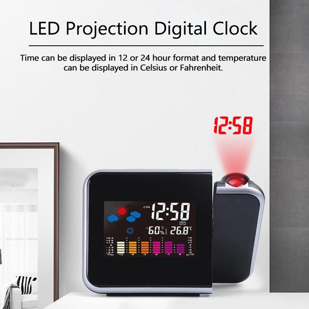 LED Digital Projection Alarm Clock Temperature Thermometer Humidity Hygrometer Desk Time Projector Calendar Colorful Idea
