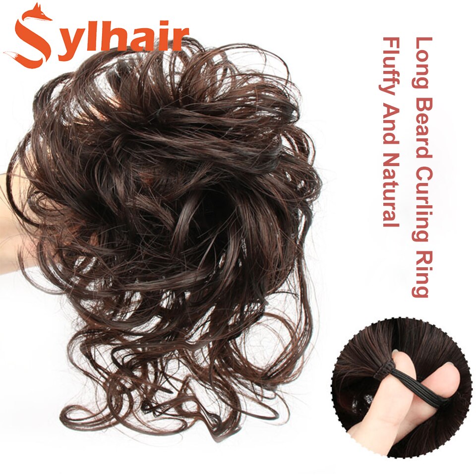 Sylhai-moño de pelo rizado sintético para mujer, moño marrón desordenado con cuerda elástica para el cabello, banda de goma, extensiones de cabello