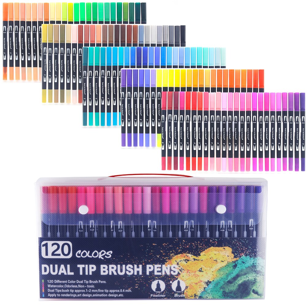 Tuscher sæt 36/48/72/120 farver fineliner dobbelt spids pensel pen tegning maleri akvarel kunst tusch penne til manga kunst forsyninger: B -120 farve