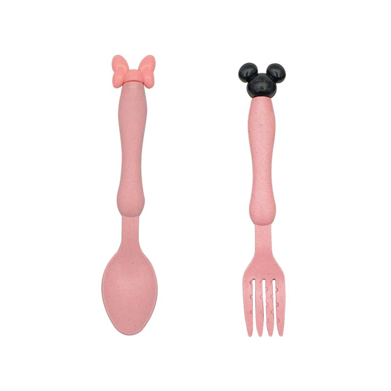 2pcs Baby Feeding Tableware Set Eco-Friendly Wheat Straw Infant Plate Children Dish Dinnerware Kids Anti Training Bowl+Spoon: Pink SpoonFork