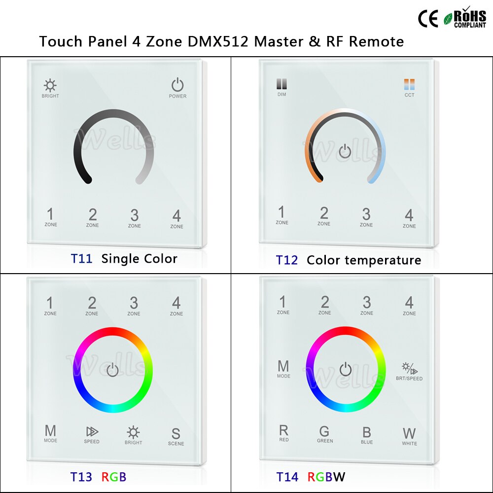 T11/T12/T13/T14 Panel táctil de 4 zonas RGB DMX512 Master y mando a distancia RF para un solo color/temperatura de color/RGB/tira led RGBW