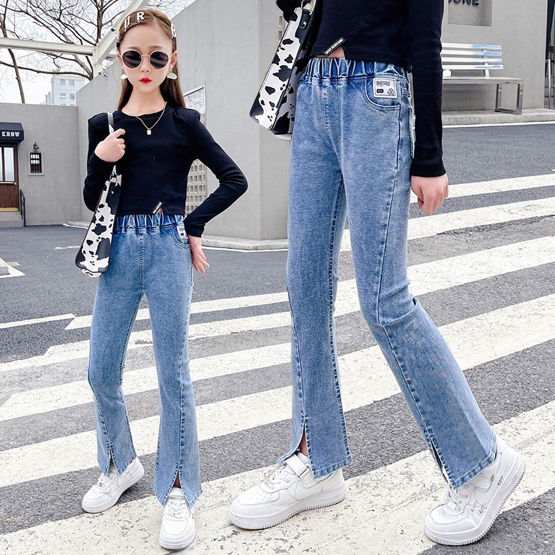 Girls Flare Jeans Spring Casual Elasticated Bottom Small Split Pants Teen Girls Stretch Long Trousers
