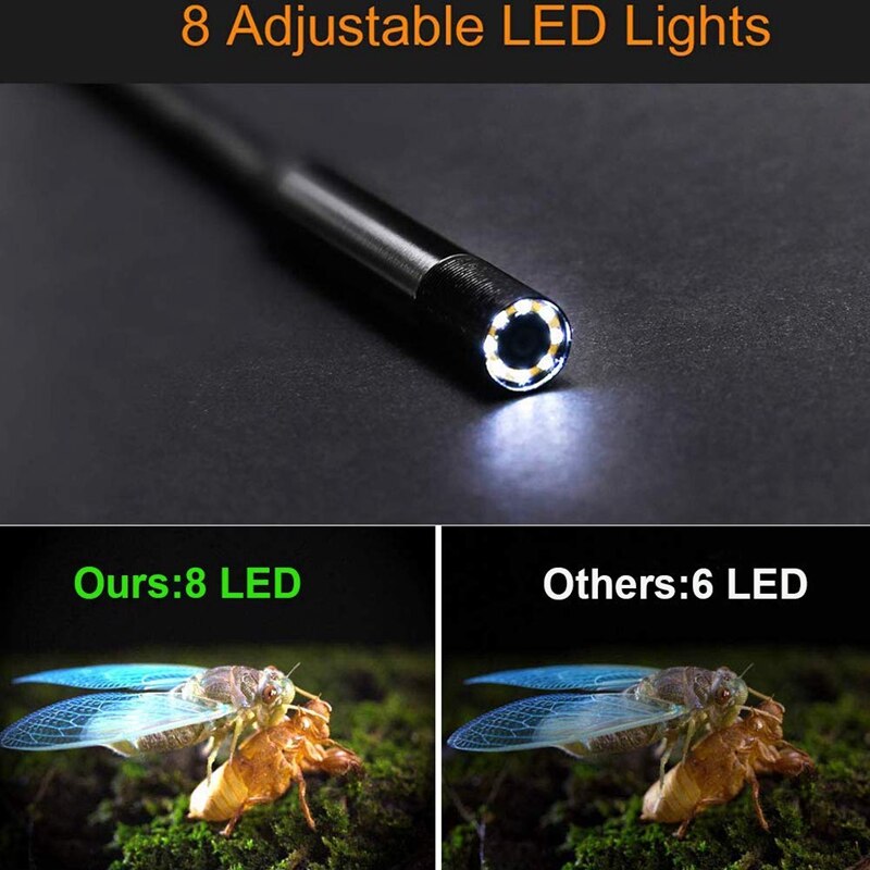 Endoscopio WiFi 1200P, cámara endoscópica inalámbrica con luces 8LED para IOS, Samsung, Android, iPhone, Windows, Mac(2M)
