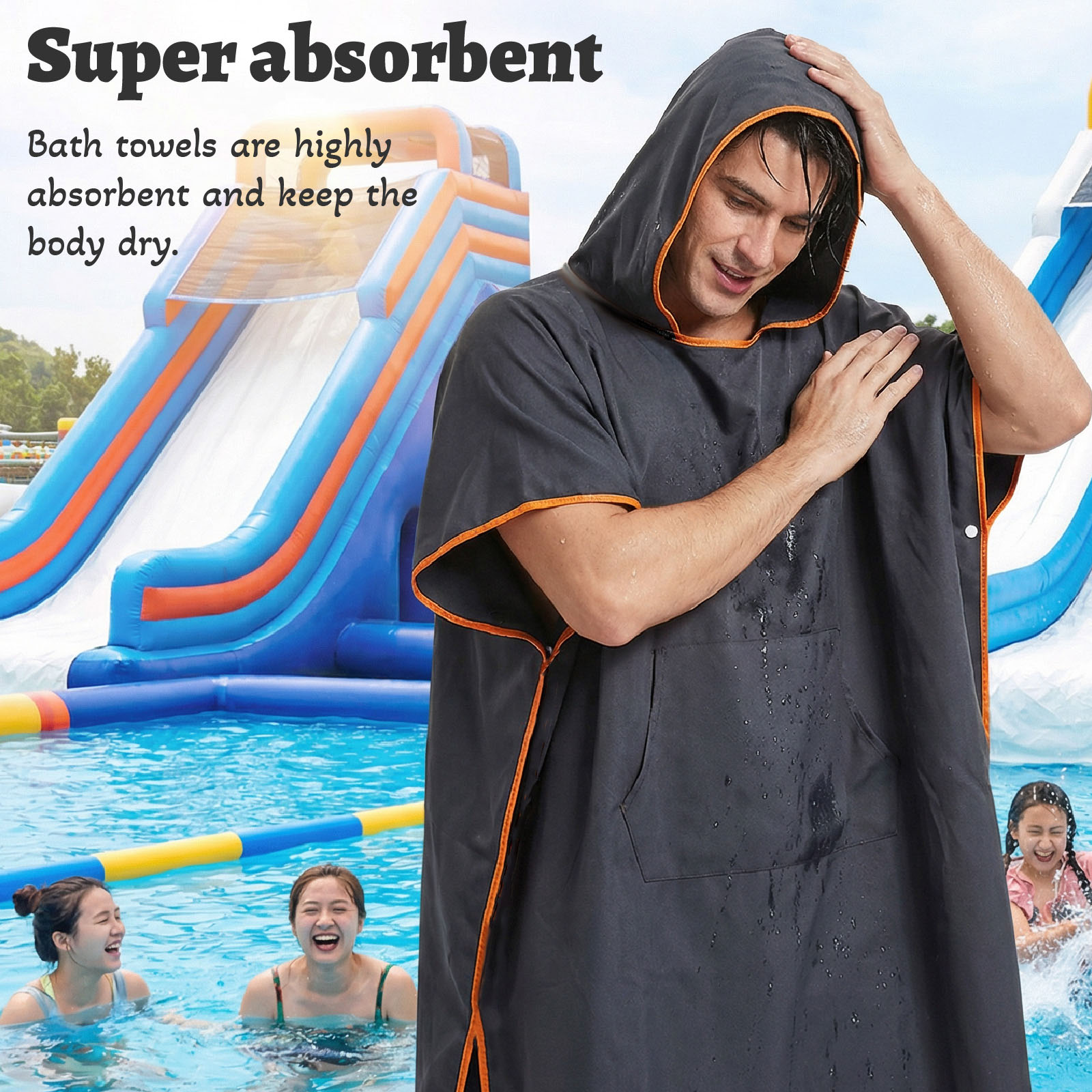 Grijze snel drogende strandponcho, lichtgewicht oversized badjas met zakken, surfhanddoek, omslagdoek, zonnedeken