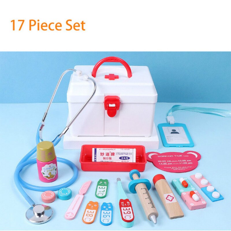 Conjunto de juguetes para médicos para niños, casa de juegos para niñas, simulación de madera de inyección, botiquín, para niños: 17pcs red