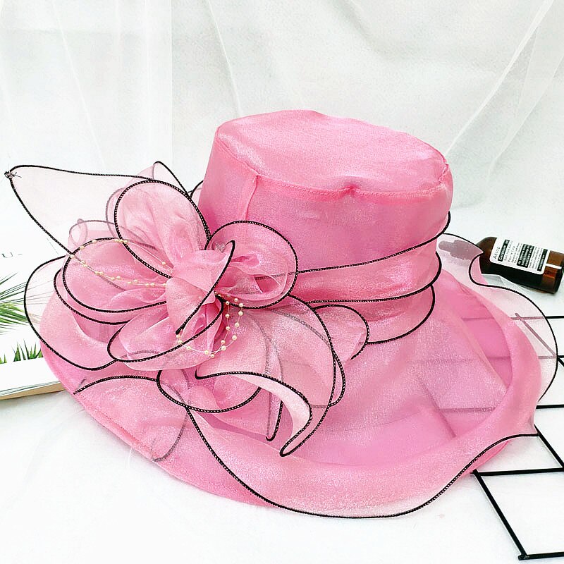 Women's Organza Church Fascinator Bridal Tea Party Wedding Hat Ladies Female Fedoras Solid Color Cute Outdoor Cap: Rose red