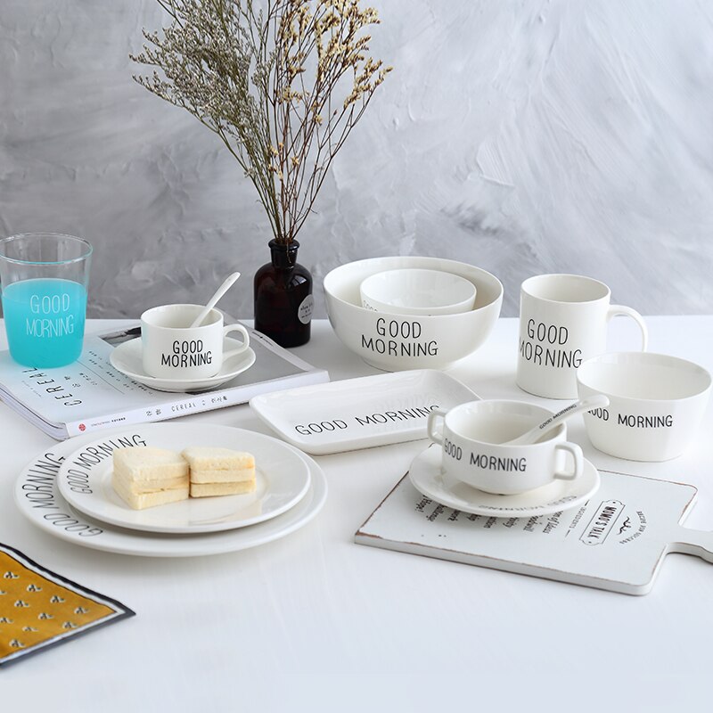 Nordic breakfast plate good morning alphabet coffee cup dessert bowl set mugs ceramic spoon salad bowl mixing bowl soup bowls