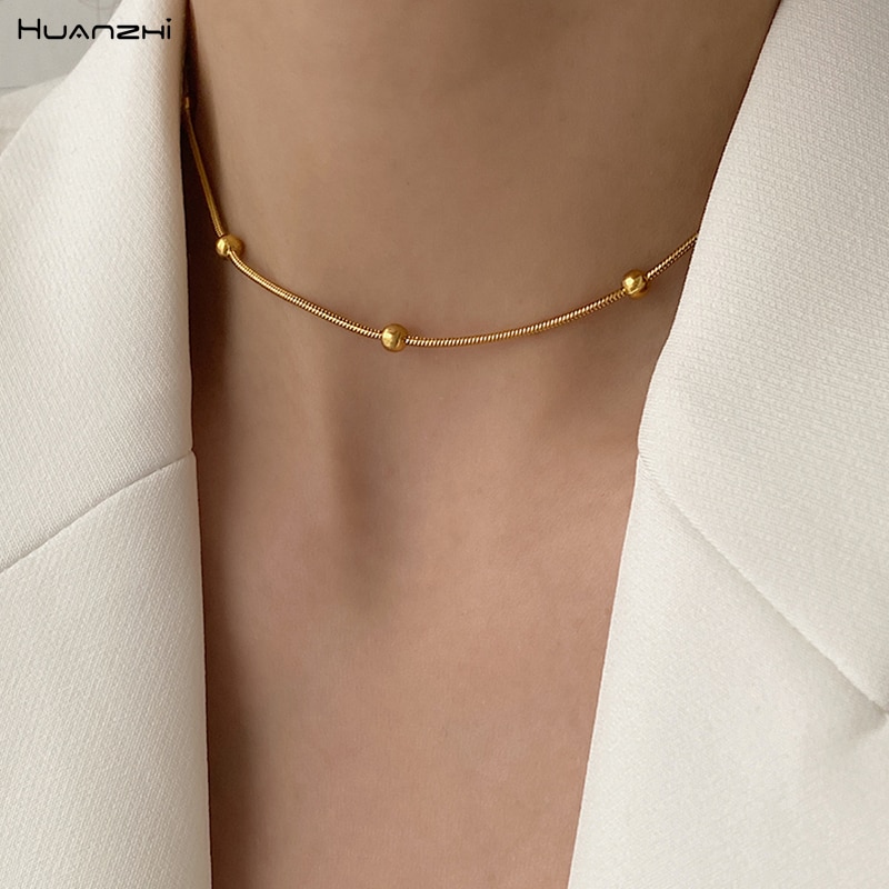 Huanzhi 2020 novo simples titânio aço pouco ouro cor contas de metal clavícula corrente colar para mulher gargantilha charme colar