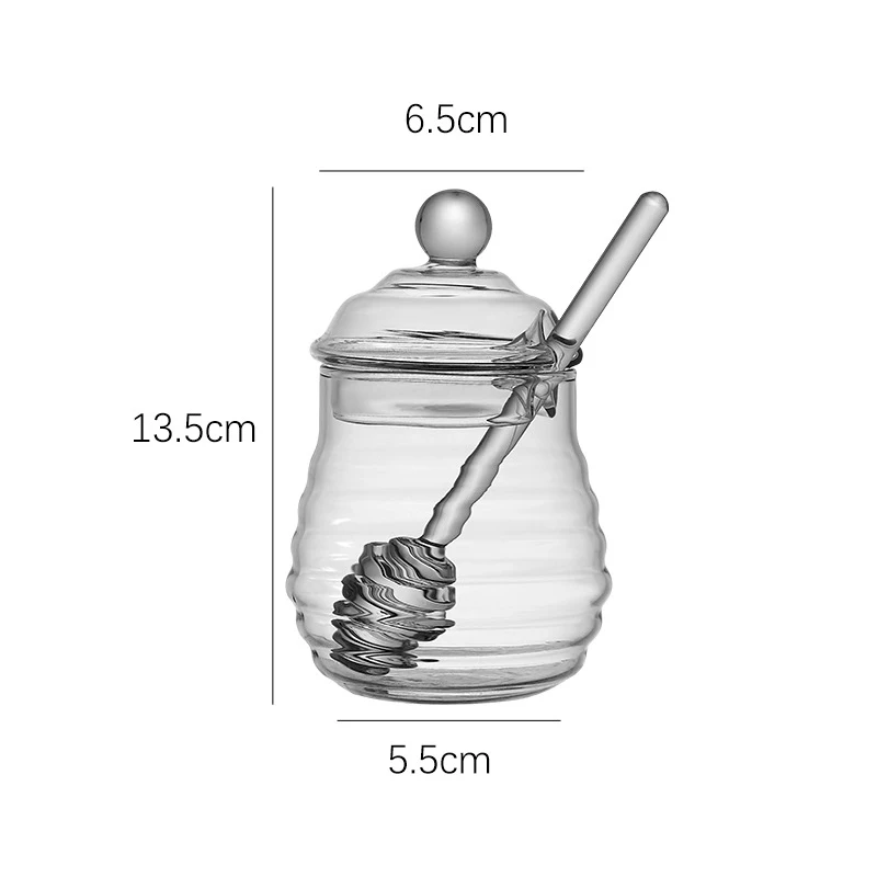 Szklany słoik na miód z pokrywką, przezroczysty słoik na dżem, prążkowana szklana butelka, domowa kuchnia, pojemnik do przechowywania miodu z mieszadłem: Czarny