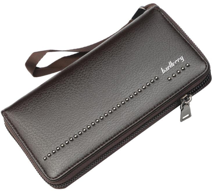 Portefeuille baellerry en cuir synthétique pour homme, grande capacité, avec fermeture éclair et bandoulière: Brun foncé